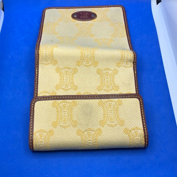 Auth CELINE Macadam Yellow Dark Brown Denim Leather Double-hook Wallet - Picture 12 of 15